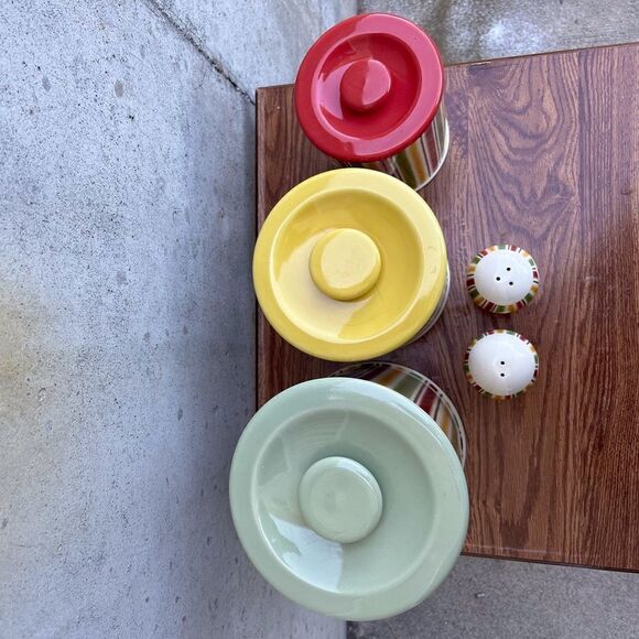 Vintage April Cornell For Silvestri Stoneware Canister Salt Pepper Shaker Set - Picture 4 of 16
